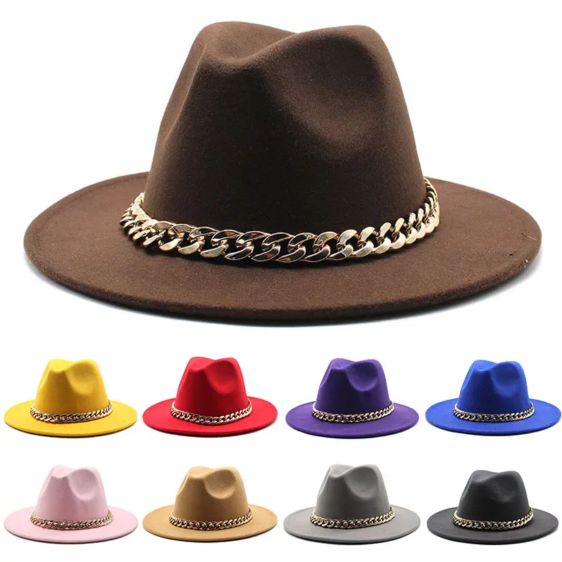 

New Big Brim Hats For Women British Style Vintage Church Hats Lady Flat Brim jazz Cap Ring Buckle Accessories Men's Hats Fedoras