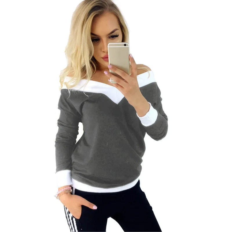 

NewEuropean And American Cross-border Hot Style Women's Clothing Loose Long-sleeved V-neck Strapless Contrast Color Top T-shirt