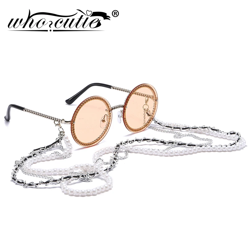 Vintage Round Sunglasses Women with Pearl Chain Accessory 2019 Luxury Brand Design Retro Gold Frame Sun Glasses Female Shades