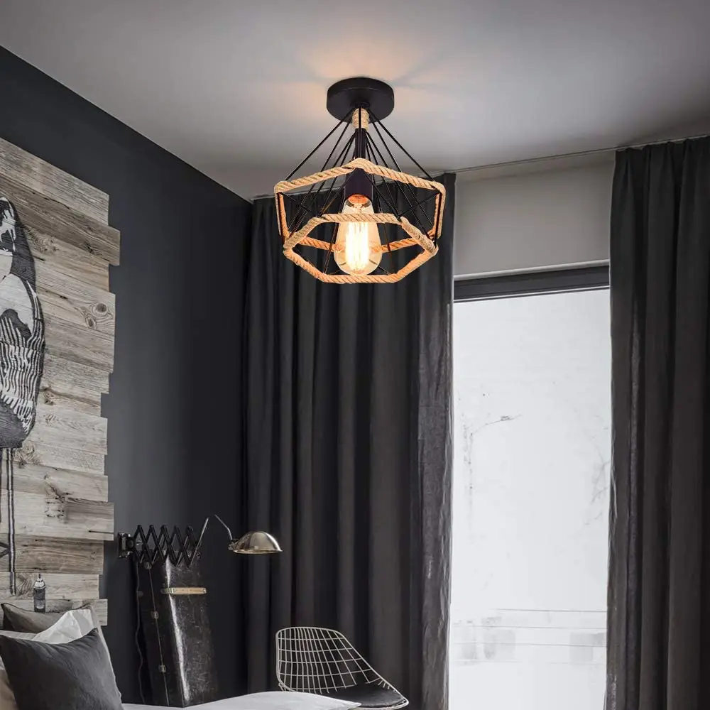 Lámpara colgante Industrial de estilo Vintage, lámpara de hierro negra con forma de diamante para Loft, jaula de cáñamo, para sala de estar, comedor y dormitorio, Rusia