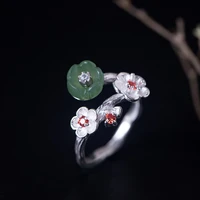 100 925 sterling silver jade plum blossom branch open ring woman elegant antique beautiful micro inlaid zircon boutique jewelry