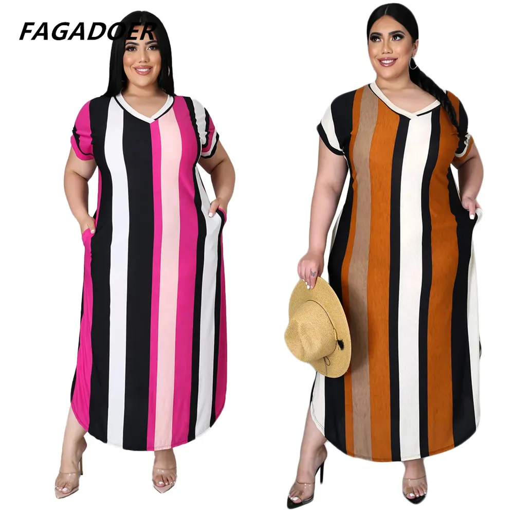 

FAGADOER Straight Dress 4xl 5xl Striped Print Simple V-Neck Fashion Casual Loose Robe Short Sleeve Side Long Dresses Vestidos