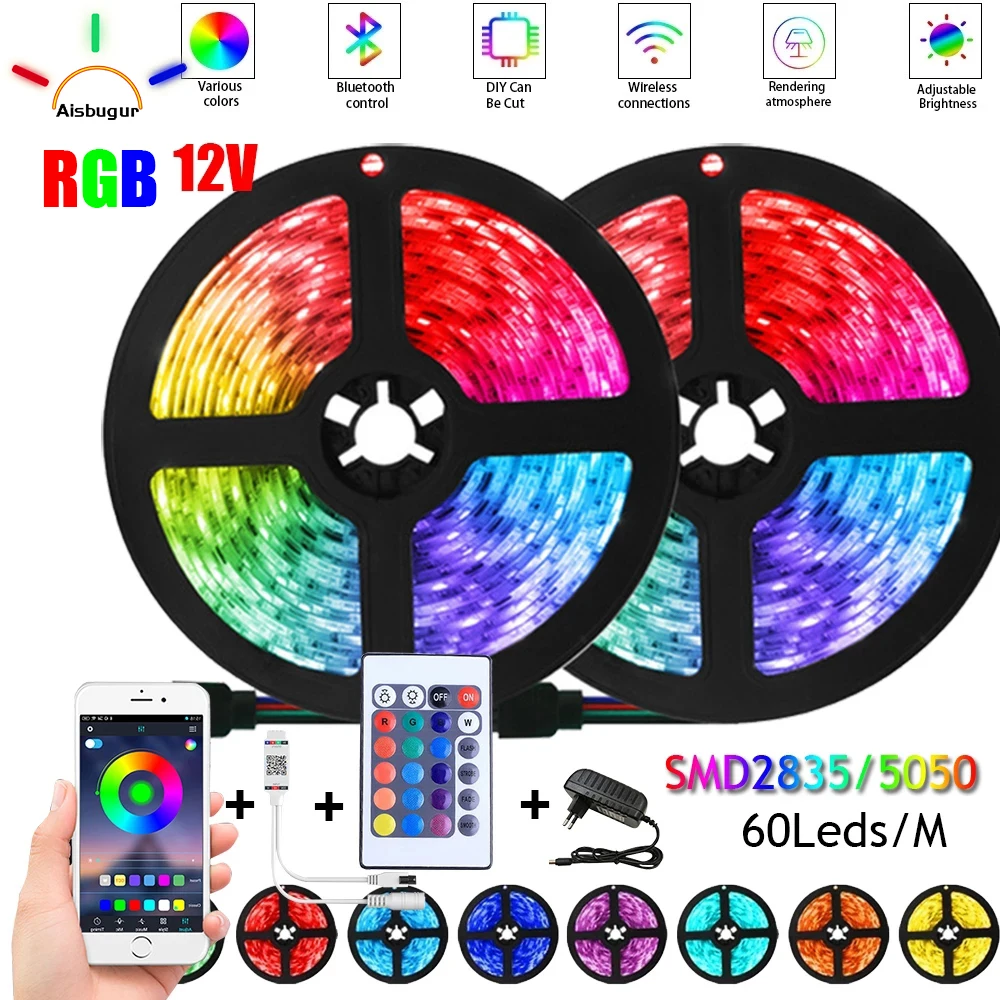 

Светодиодная лента RGB SMD5050/2835 для украшения гостиной, водонепроницаемая Led полоска с Bluetooth, 12 В