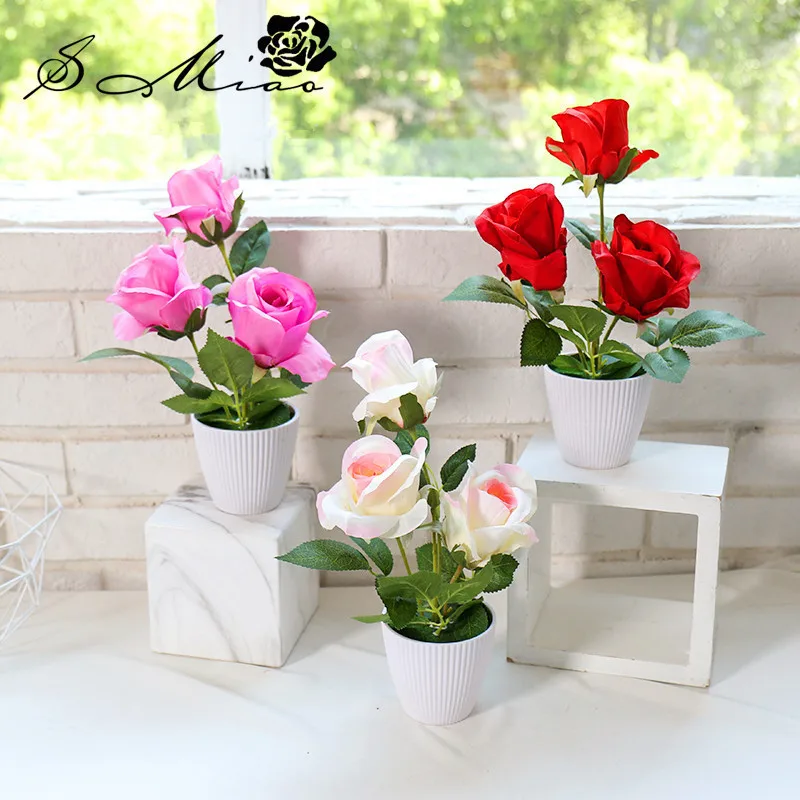 

Artificial Silk Rose Flower Bonsai Simulation Wear-resistant Plastic White Flower Pot Plant Home Decoration