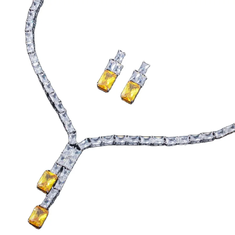 

European and American Retro Simple Geometry Full Set of Square Zircon Necklace Earrings Two Piece Banquet Accessories Set