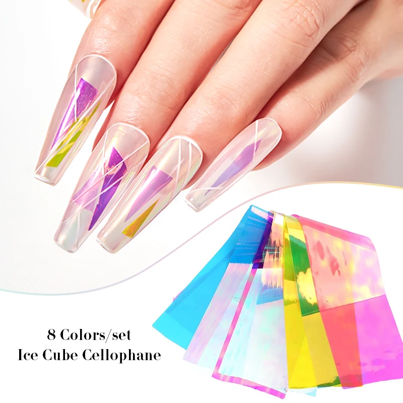8 шт./пакет Аврора фон для ногтей кубика льда Стекло целлофан Бумага нейл-арта
