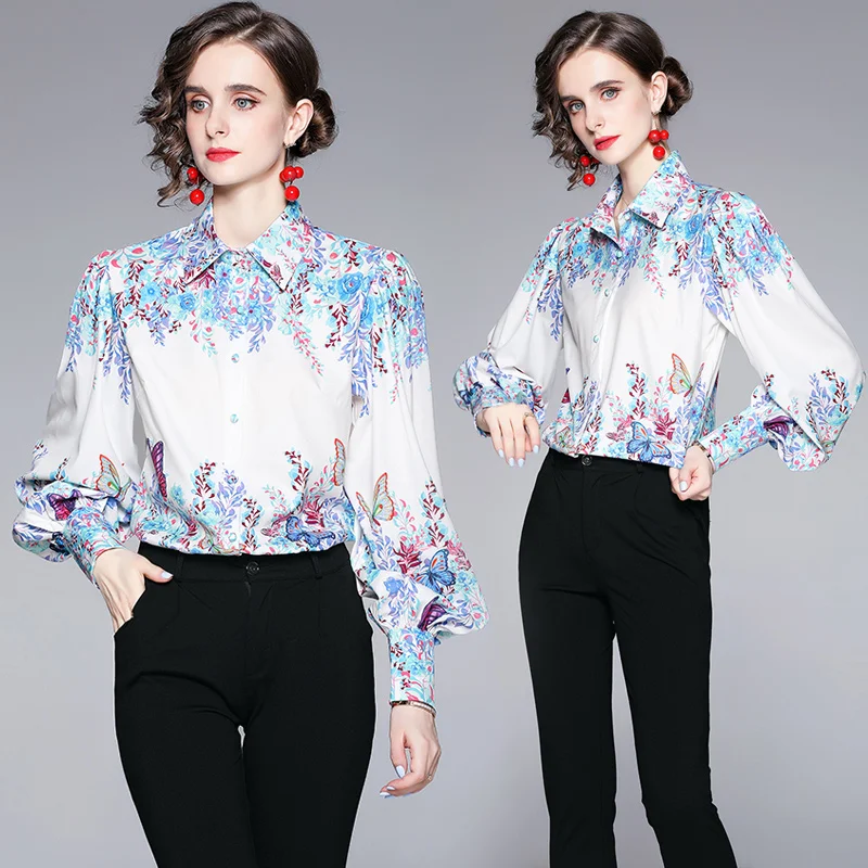

Simgent Women Blouses Lantern Sleeve Turn Down Collar Elegant Print Work Office Blouses&Shirts Blusas Woman Clothing SG17182