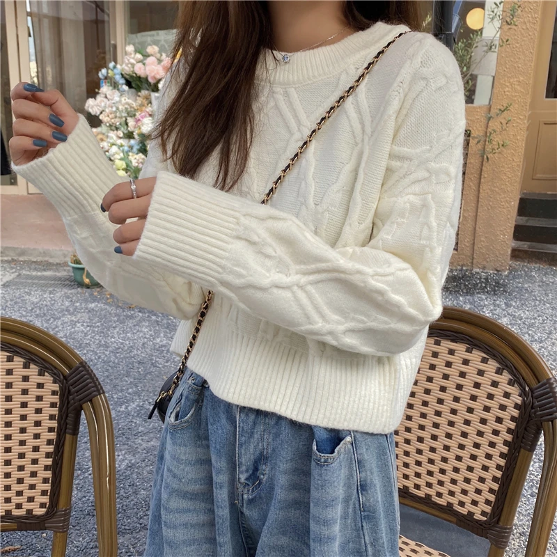 

Lucyever Korean Style Twist Knitted Sweaters Women 2020 Autumn O-neck Geometric Pullovers Woman Long Sleeve Sweet Sweater Mujer