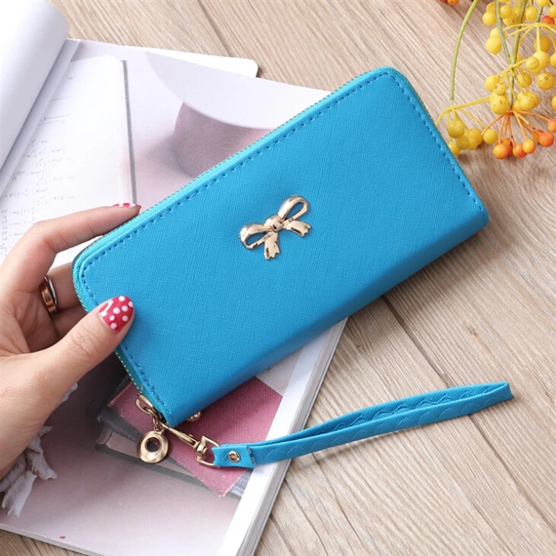 

Cards Holder Wallet Ladies Cute Bowknot Women Long Wallet Pure Color Clutch Bag 2020 New PU Leather Purse Phone Card Holder Bag