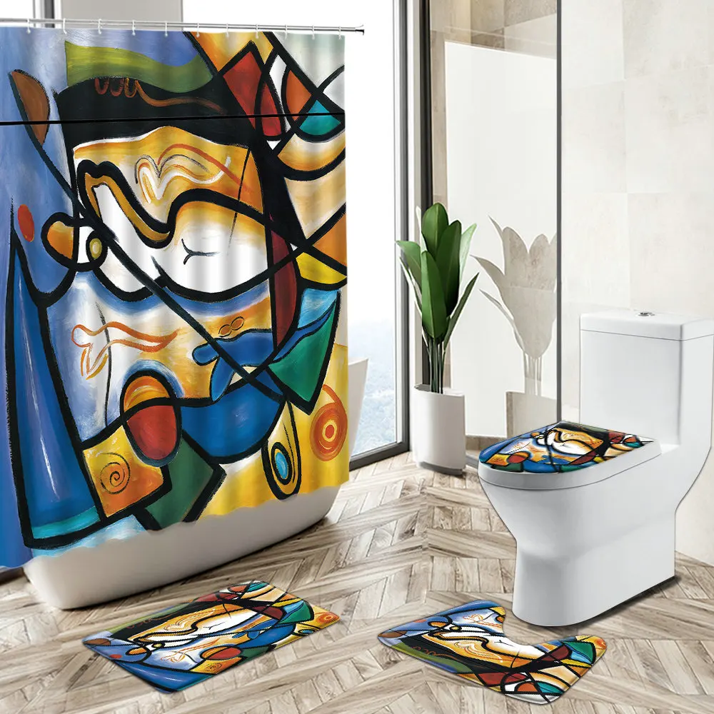 

Abstract Geometric Animal Flower Print Shower Curtain Color Art European Style Deco Bath Mat Toilet Cover Bathroom Carpet Set