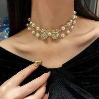 fyuan golden bowknot rhinestone choker necklaces for women pearl necklaces weddings bride jewelry