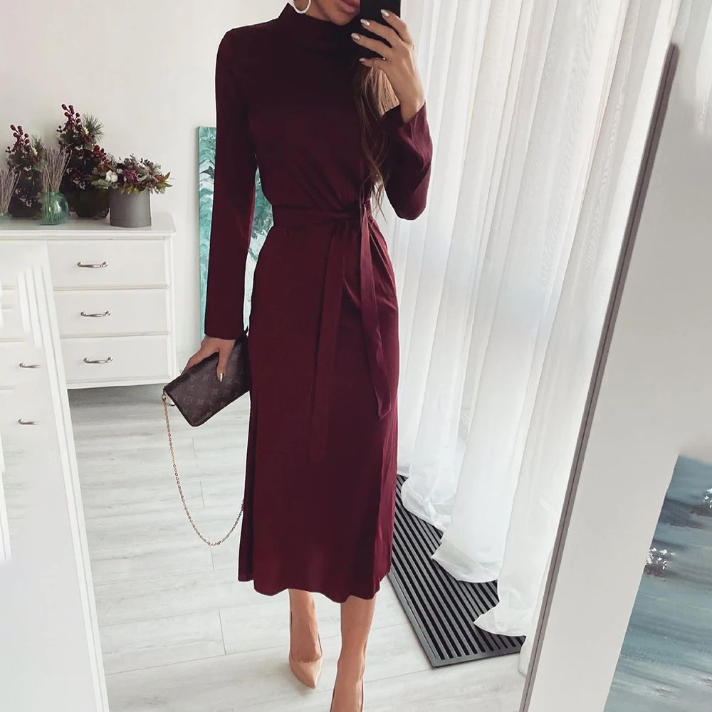 

Модное однотонное платье миди с высоким воротником и длинным рукавом, женские осенние повседневные офисные черные винтажные праздничные п...