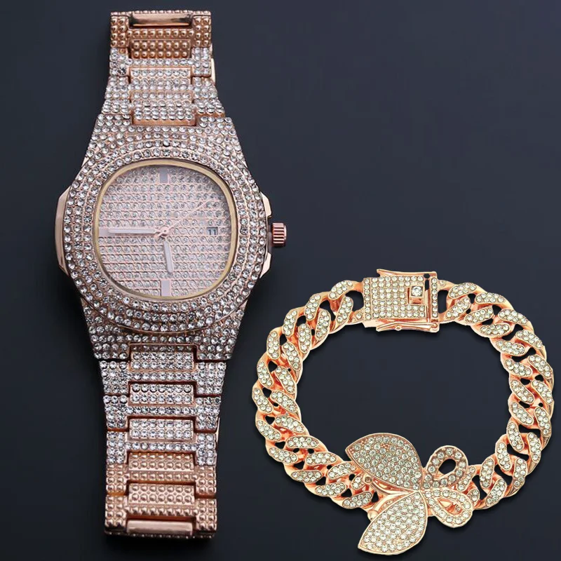 Женский хип-хоп браслет с бабочкой мужские кварцевые часы бриллиантами Iced Out