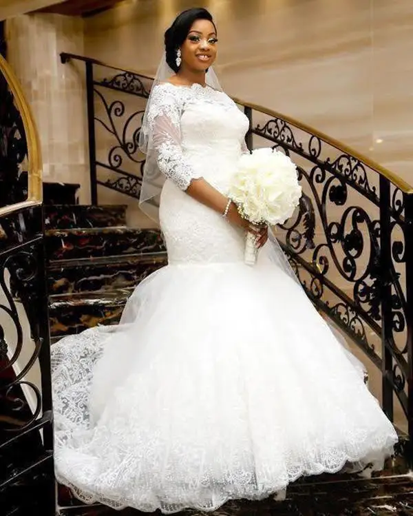 

African Country Weddign Dresses Mermaid Bateau Half Sleeve Sweep Train Bridal Gowns With Lace Applique Plus Size Wedding