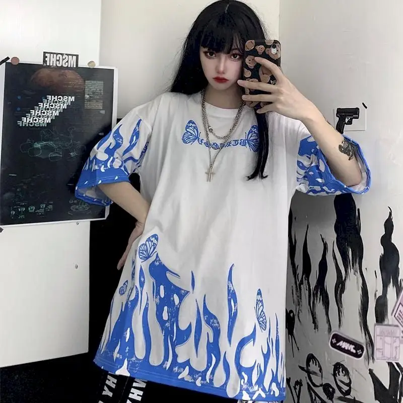 Футболка в Корейском стиле Harajuku темноте бабочки принт пламя свободно