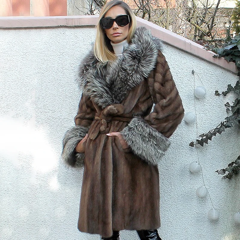 BFFUR Long Mink Fur Coats For Women Natural Genuine Mink Fur Jackets With Silver Fox Fur Hood And Cuff Luxury Overcoats Woman