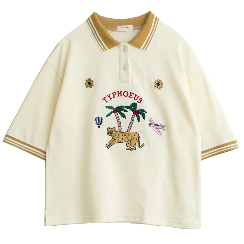 

Хлопковая футболка с вышивкой в виде животных, с коротким рукавом