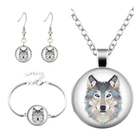 wolf totem cabochon glass pendant necklace bracelet bangle earrings jewelry set totally 4pcs for womens fashion jewelry