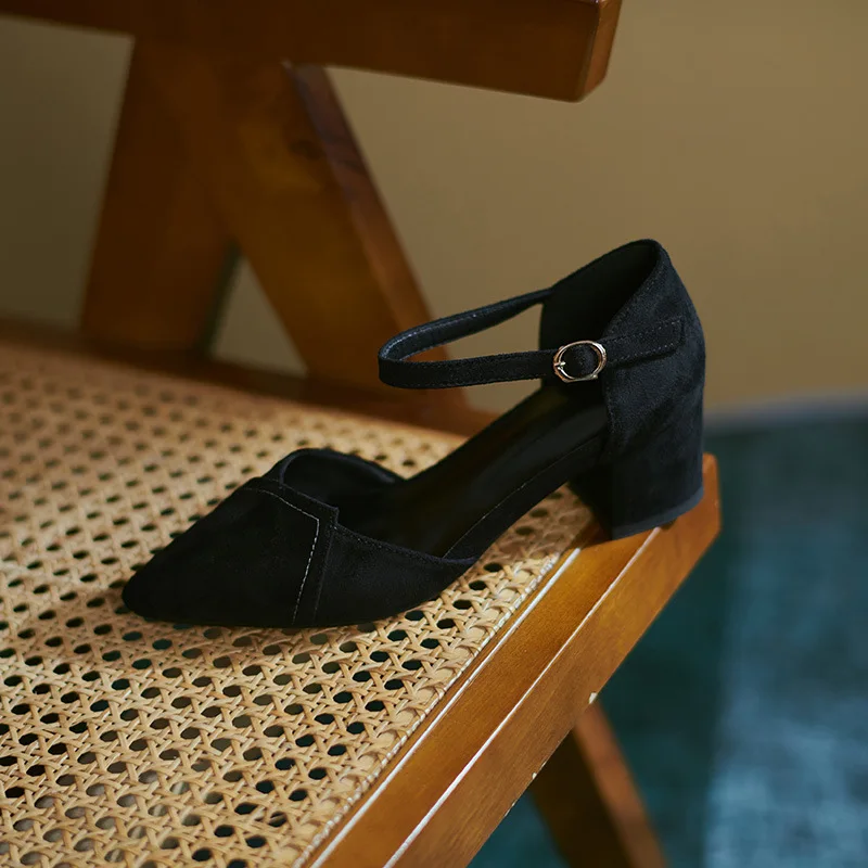 

Spring Shoes Buckle 2021 Sandals High Heels Large Size Suit Female Beige New High-heeled Summer Comfort Velvet Pointed Low Fashi