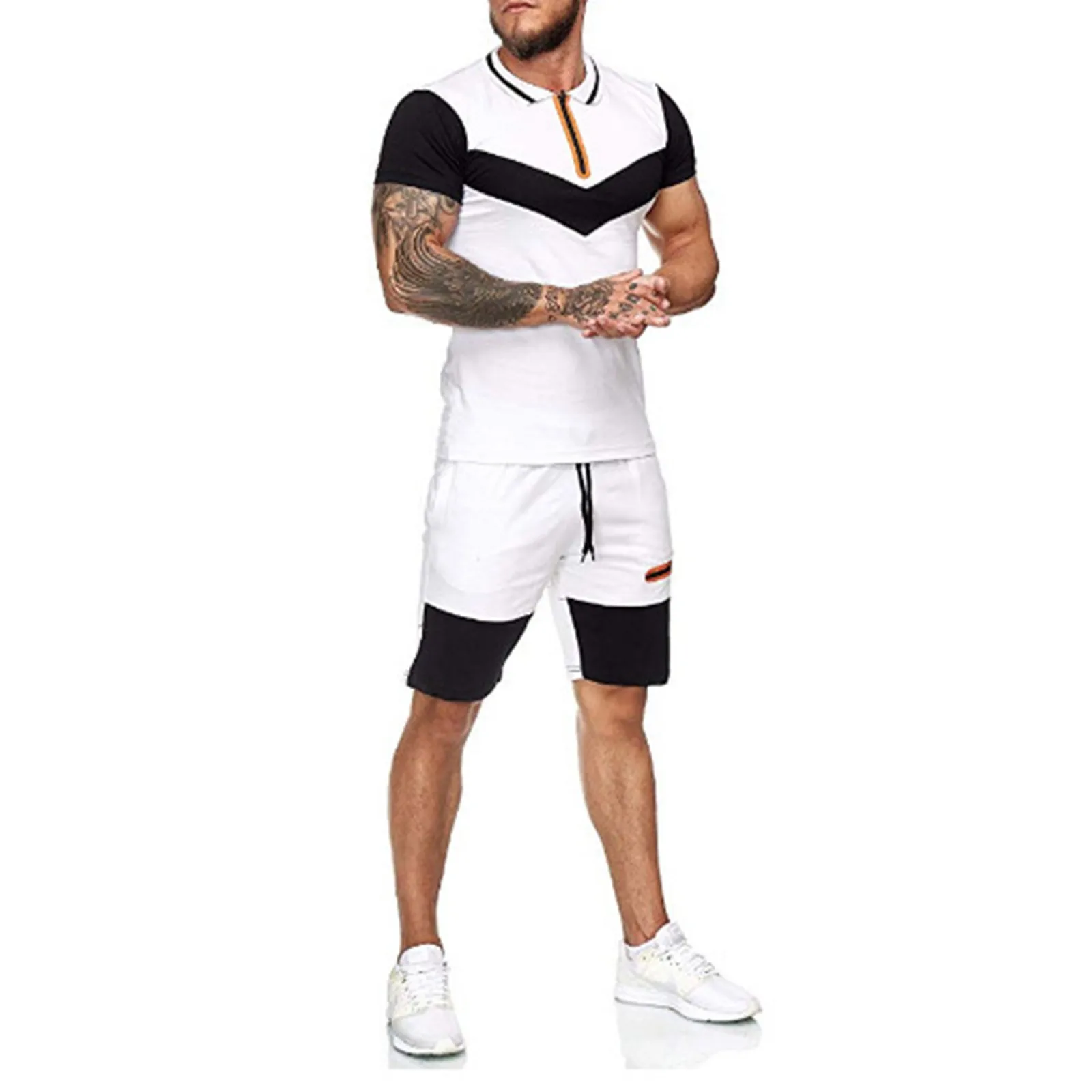 

Sports Suit Fashion Polyester Men's Summer Color Matching Lapel Short Sleeve Shorts Suitable For Daily Leisure Or Sports