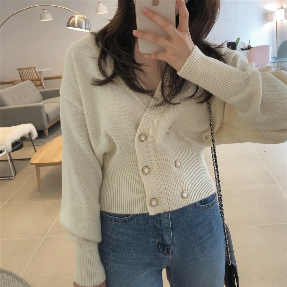 

Elegant Women Knitted Sweaters CardigansAutumn Winter V-neck Double Breasted Knitwear Tops Slim Female JK446