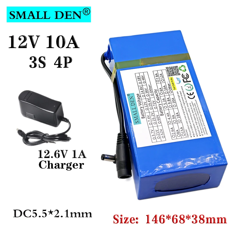 

12V 10A 18650 lithium battery+12.6V1A charger Built-in BMS DC plug Carrying belt rechargeable battery + charger