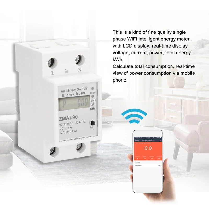 Однофазный измеритель мощности ваттметр на Din-рейку Wi-Fi с поддержкой приложения