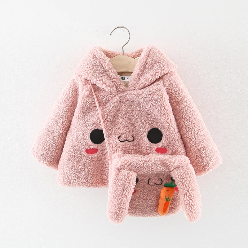 Зимнее теплое пальто с мехом для новорожденных девочек пальто с рисунком кролика Детская куртка комплект одежды с капюшоном и сумкой, топы для маленьких девочек