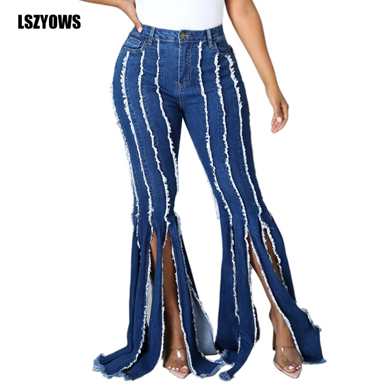

Джинсы-клеш Женские винтажные с высокой талией, Модные узкие брюки из денима с бахромой и разрезом, однотонные повседневные штаны в уличном ...