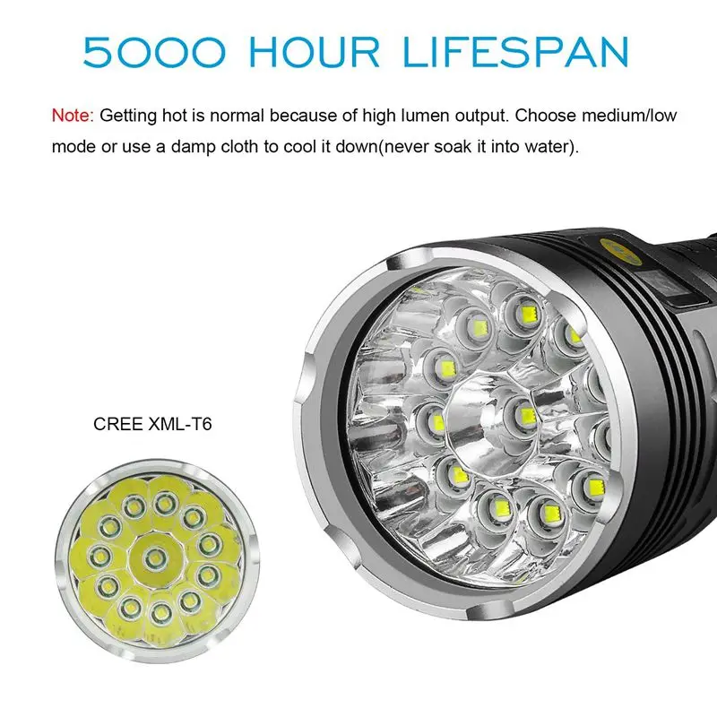 Online Linterna Led 10000 Lúmenes, 12x XM-L T6 LED 4 Modos Super Brillante Linterna Táctica, Luz De Mano Impermeable Con Potencia D