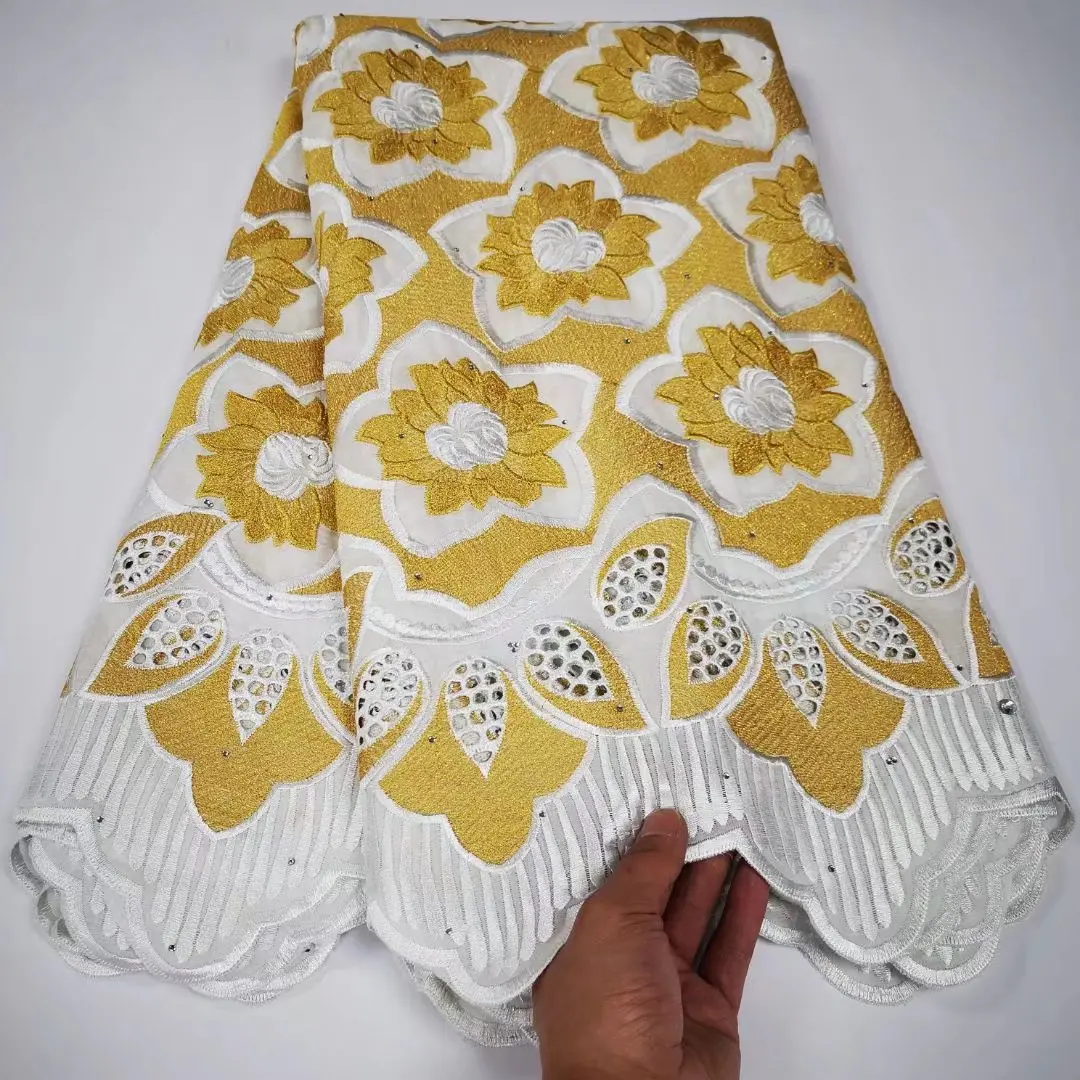 

Soft Cotton Lace White Gold Embroidery African Swiss Lace Fabric Nigerian Garment Cotton Clothes Rhinestones 5 Yards Per Piece