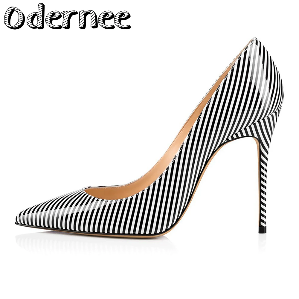 

ODERNEE Black and White Stripes Pointed Toe High Heel Pumps Womens Heeled Court Shoes Ladies Dress Heels Large Size Party Shoes