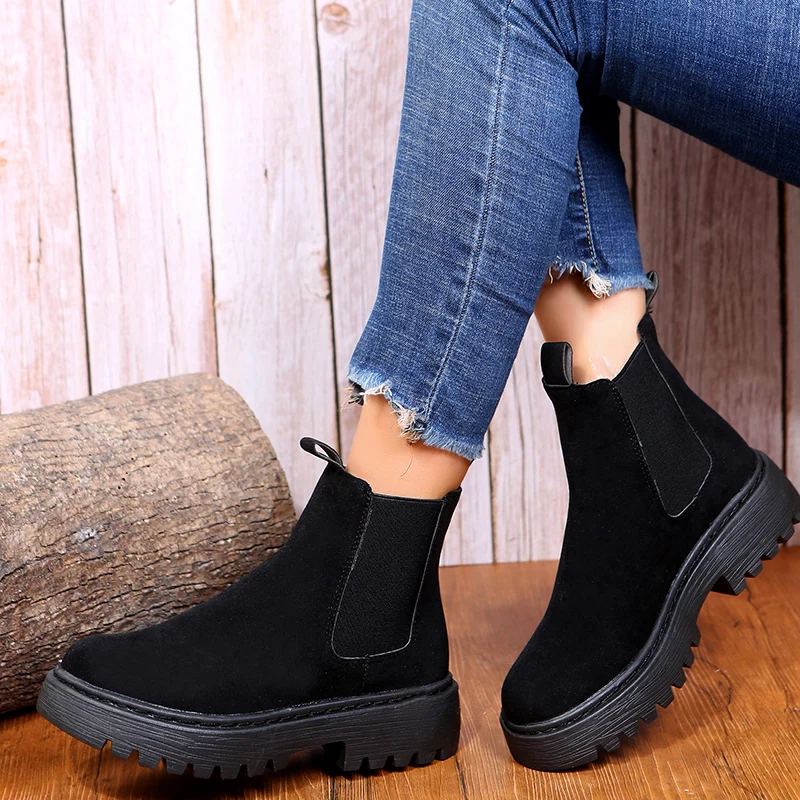 2021 Chelsea Boots Chunky Boots Women Winter Shoes Cow Suede Ankle Boots Black Female Autumn Fashion Platform Booties Wedges