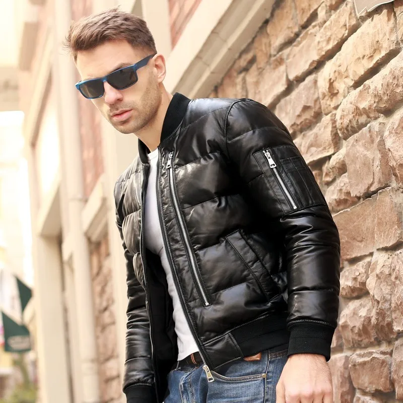 Men Winter Warm Black Genuine Leather Duck Down Flight Jackets Coats Large Size Real Sheepskin Bomber Aviation | Мужская одежда