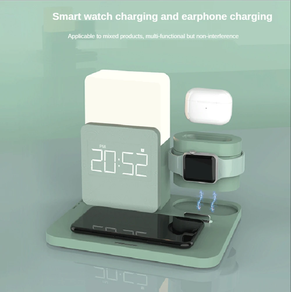 multi function qi wireless charger stand for apple watch airpods pro iphone 12 table lamp time alarm clock fast charger station free global shipping