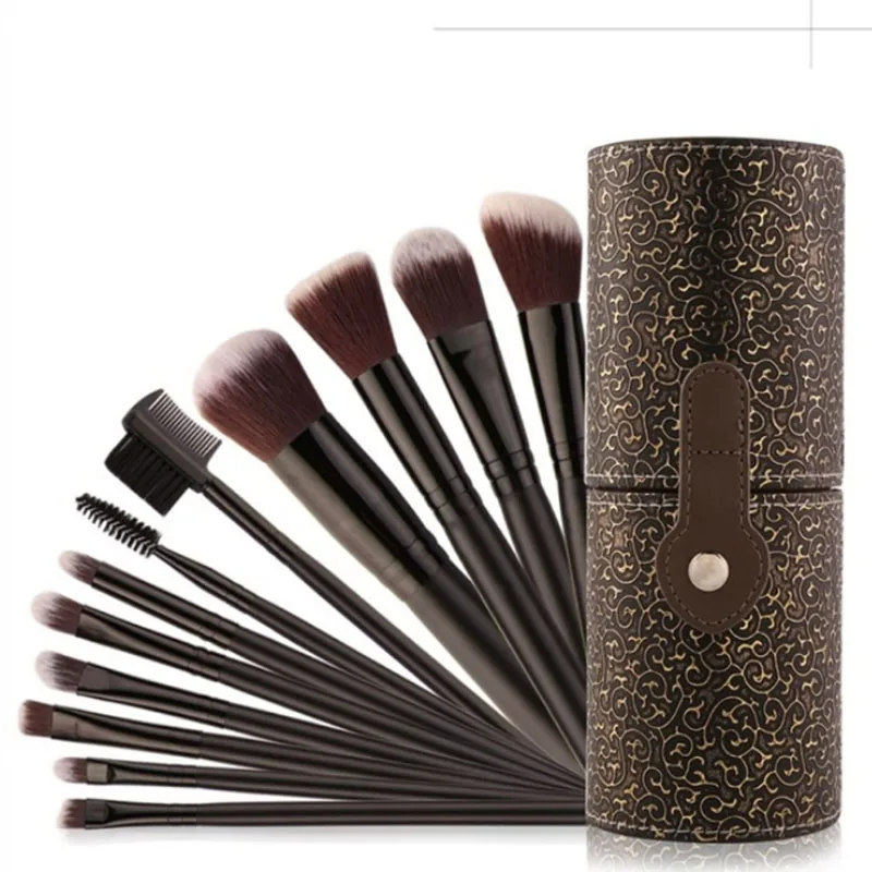 Professional 12Pcs Makeup Brushes Kit Studio Holder Tube Convenient Portable Leather Cup Natural Hair Synthetic - Handle Color: Black Gold