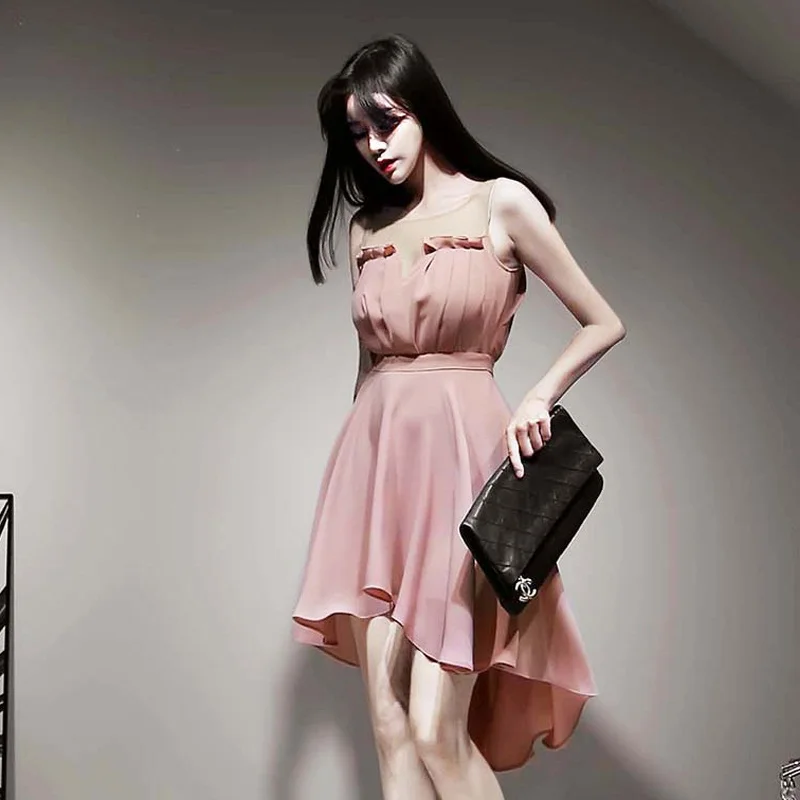 

New Summer Women Asymmetrical Dress Elegant Korean Office Lady Dress Fashion Square Collar Sleeveless Soild Color Loose Dress