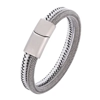 fashion double braided leather bracelet for men stainless steel magnetic buckle handmade wristband male charm jewelry pd1068