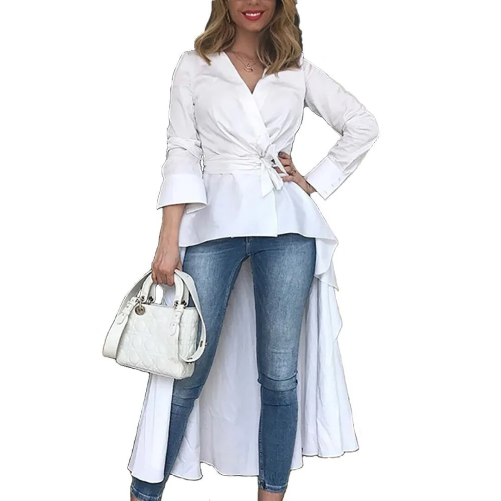 2019 Весна Длинный рукав офисные женские туфли винтажные топы нерегулярные