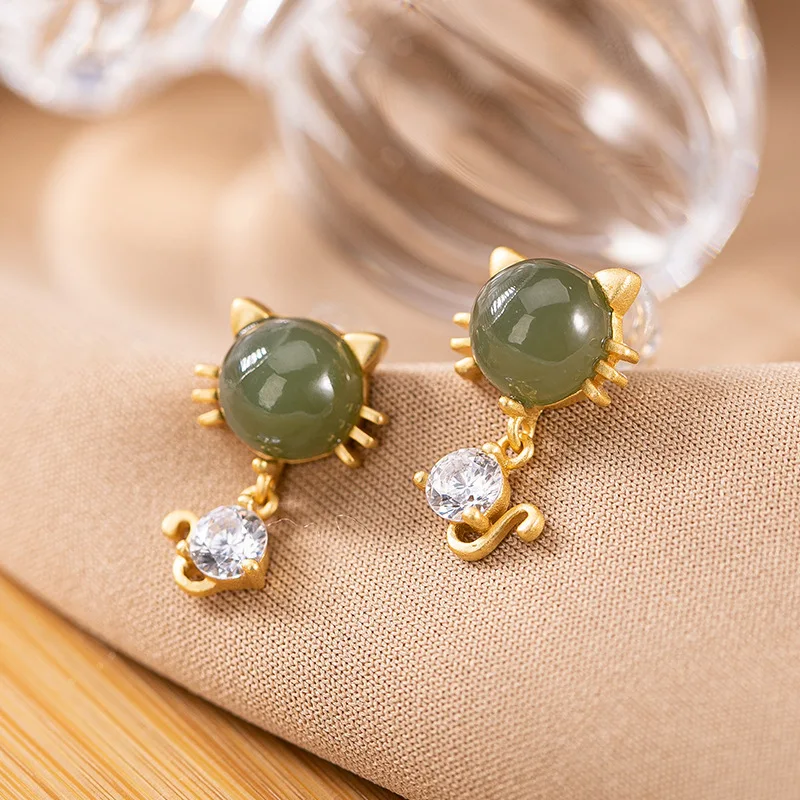 

Natural 925 sterling silver gilded inlaid hetian cyan jade kitten lovely simple individuality earrings for women
