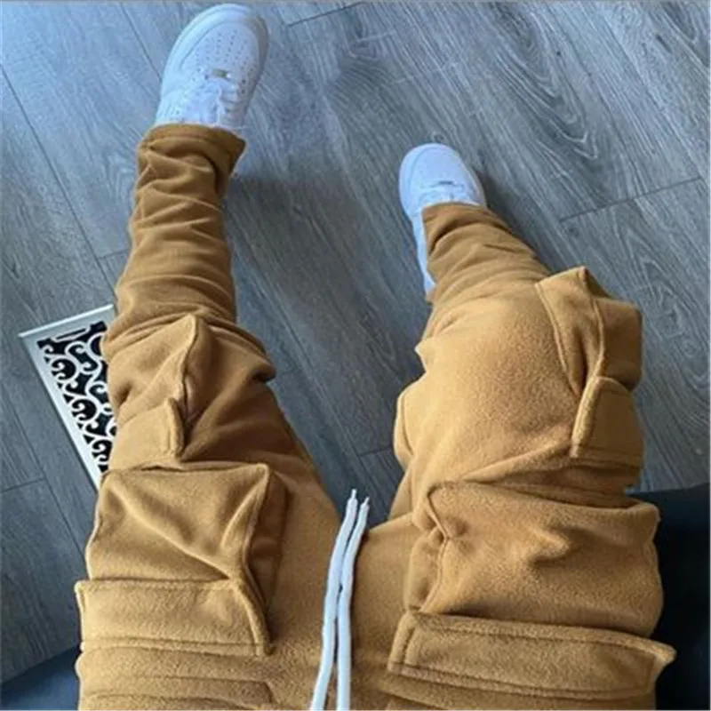 

Women Oversized Cargo Streetwear Long Step Pants Solid color wool three-dimensional Pockets Slim Panelled Warm trousers Men