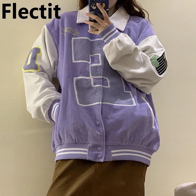 

Flectit Women Bomber Jacket Color Block Oversized Collared Corduroy Varsity Jacket Coat Harajuku Y2K Aesthetic Streetwear