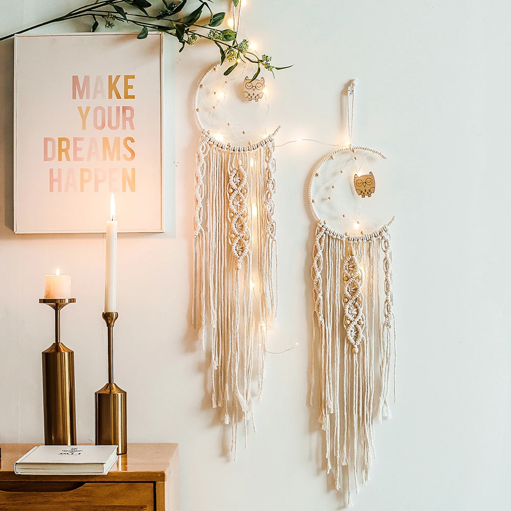 

Moon Shape Wall Hanging Room Decoration Cute Owl Handmade Woven Ornaments Boho Living Room Decor Dreamcatcher Girls Gift T33