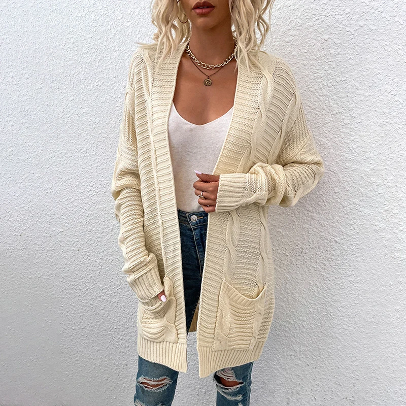

New Fashion plus size Cardigan Sweater Women Long Sleeve Loose Knitting Clothes Twist Hemp With Pocket Long Cardigan coat