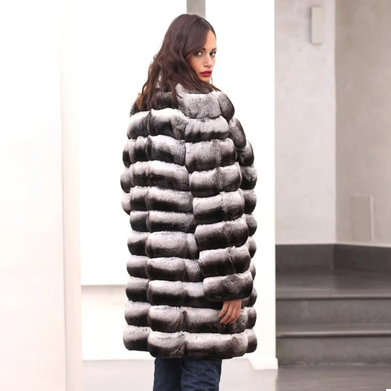 Natural Real Rex Rabbit Fur Coat Turn-down Collar Chinchilla Color Genuine Rex Rabbit Fur Coats Long Winter Fashion Overcoats