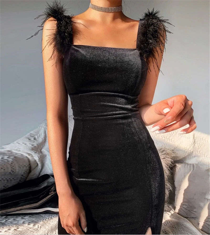 

Winter Women's Black Feathers Strapless Split Mini Polyester Dress Night Party Dress