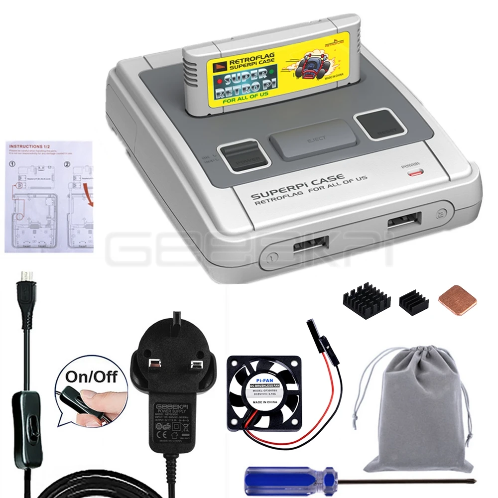 CASE and UK Plug GeeekPi Retroflag SUPERPi чехол-J NESPi чехол с выходом 5V 2.5A Мощность адаптер для Raspberry Pi 3B плюс(3B+ общее количество)/3B - Цвет: CASE and UK Plug