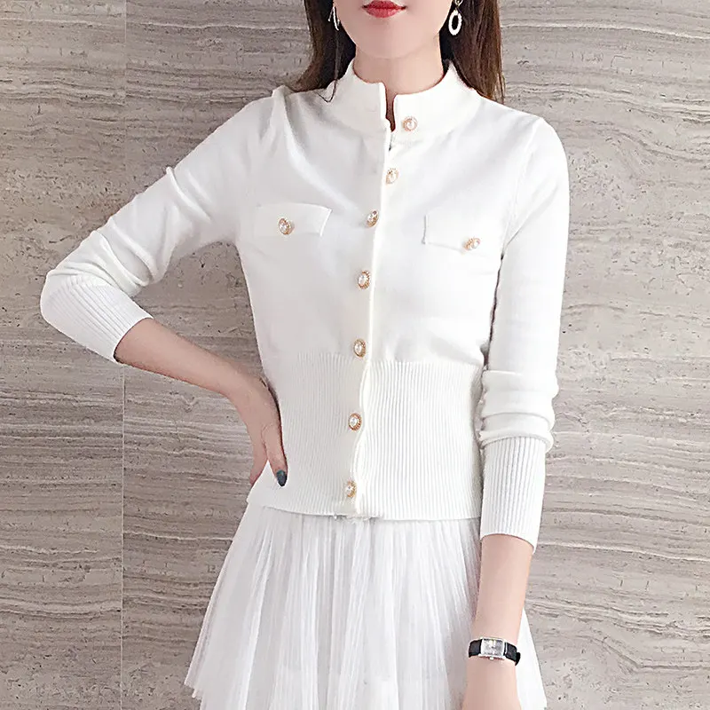 MUMUZI Sweater jacket female spring and autumn 2021 new fashion Slim short sweater front buttons cardigan turtleneck |