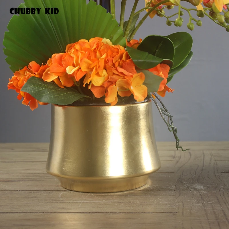 Goede Hoge Simulatie Bloemstuk Real Touch Kunstmatige Orchideeën Hemel Vogel Met Gouden Keramische Vaas Gele Bloem Art Pak