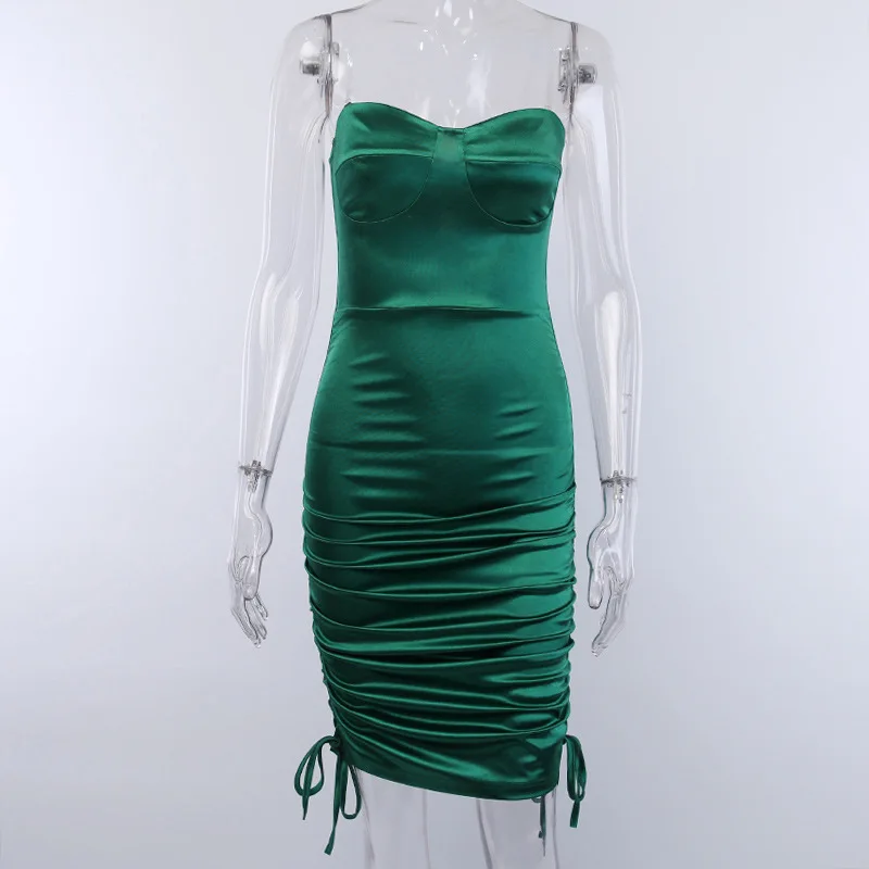 

2020 Summer Woman Sexy Strapless Bodycon Dress Off Shoulder Drawstring Satin Mini Dresses For Women Club Party Clothes